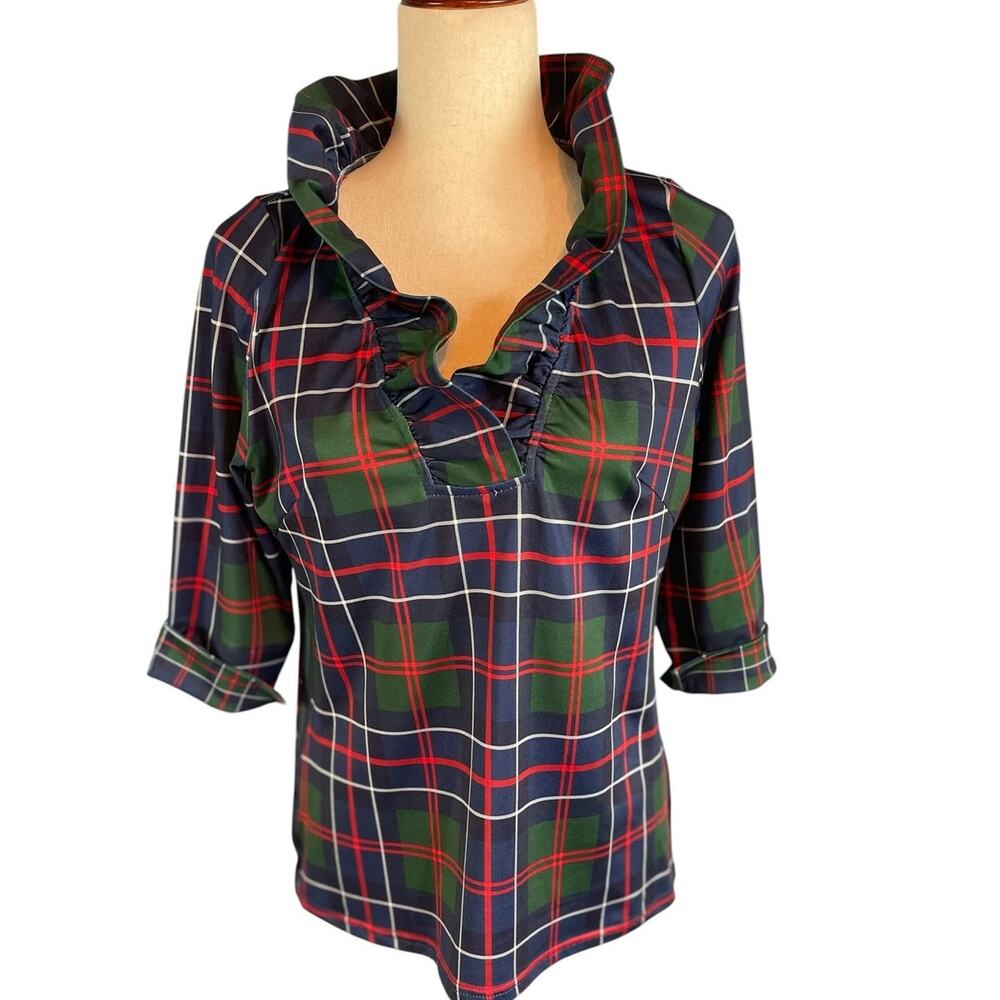 Gretchen Scott Ruffle Neck 3/4 Sleeves Top Balmoral Plaid Multi Small - Picture 2 of 8